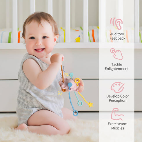 Montesorri-Toys - Pull String Toys for Baby - Made of 100% Food Grade Silicone with Built-in Rattle Function and Easy to Clean Design (Pink)...