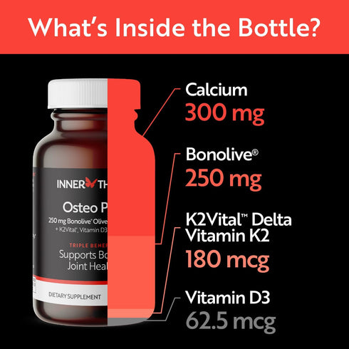 Osteo Plus Supplement, 300 mg Calcium and 250mg Bonolive Olive Leaf Extract, Plus K2 and D3, Supports Bone and Joint Health, Non-GMO, Vegan, 60 Ve...