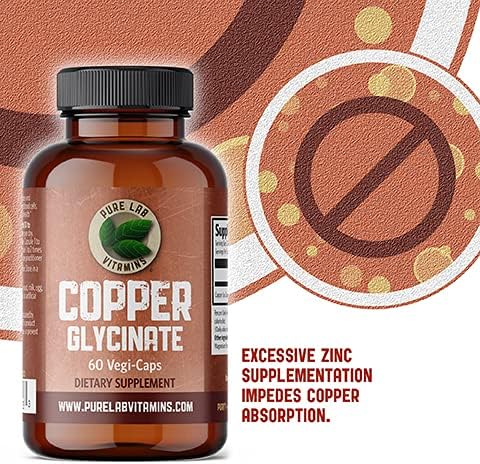 Copper Glycinate Mineral Supplement -1 mg - 60 Vegan Caps by Pure Lab Vitamins - Essential for Collagen Production, Supports Immune System & Red B...