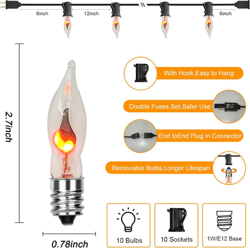 10Ft Halloween Flicker Flame String Lights, C18 Outdoor Halloween Decorations String Lights with 10 Flickering Flame Bulbs for Indoor Outdoor Gard...