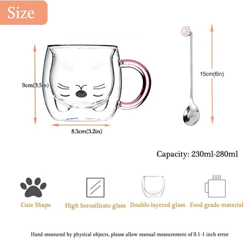 Purple Cat Mug Cute Mugs Glass Double Wall Insulated Glass Espresso Cup, Kawaii Cup, Coffee Cup, Tea Cup, Milk Cup, Best gift for Office and Perso...