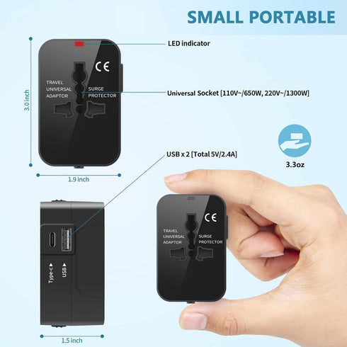 Travel Adapter, Worldwide All in One Universal Travel Adaptor AC Power Plug Adapter Wall Charger with USB-C and USB-A Charging Ports for USA EU UK...