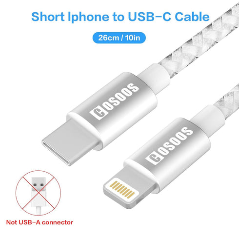 COSOOS 2 Short USB-C to iPhone Cables, 10in/26cm Nylon Braided Fast Charging Syncing Power Cord Compatible for iPhone 14 Pro Max,14 Pro,14 Plus, 1...