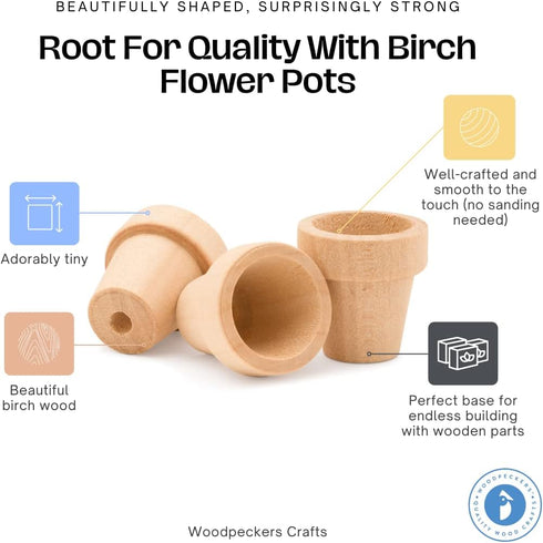 Woodpeckers Mini Wood Flower Pot 5/8-inch x 9/16-inch, Pack of 24 Unfinished Flower Pot Mini, Small Flower Pot for Crafts...