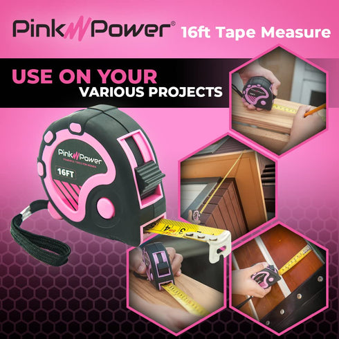 Pink Power 16ft Pink Measuring Tape Measure for Womens Tool Kit with Retractable Blade and Lock Button - Girls Tape Measure for Pink Tools - Light...