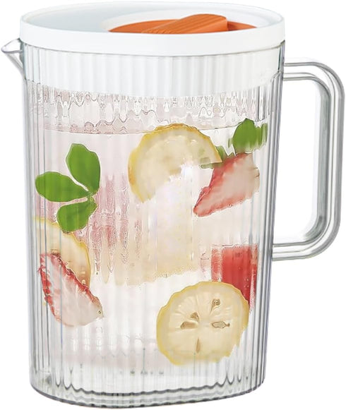 Plastic Water Pitcher with Lid and Handle - Durable Jug for Tea and Cold Juice - Heavy-Duty Clear Design 68oz/2L BPA-Free (White & Orange)...