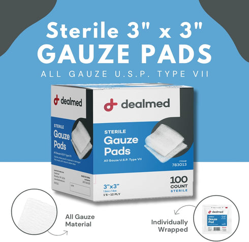Dealmed 3’’ x 3’’ Sterile Gauze Pads (100 Count) Disposable and Individually Wrapped Medical Gauze Pads, Wound Care Product for First Aid Kit and ...