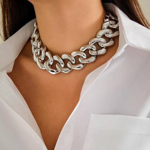 Fashion Gold Silver Punk Cuban Link Chain Choker Bohemian Chunky Chain Necklace Punk Gothic Hip Hop Metal Necklaces Plastic Chunky Curb Chain Neck...