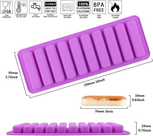 Long Strips Silicone Mold Finger Shaped Cookie Molds 2 PCS-10 Cavity Chocolate Rectangular Cereal Bar Molds Ice Cube Tray Jelly Cake Candy Baking ...