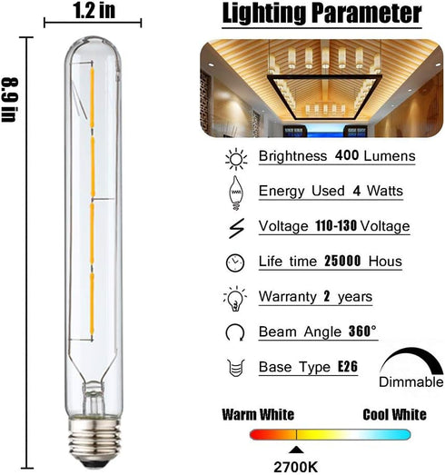 Leools T10 Led Long Bulbs,4W Dimmable Tubular Bulb,40 Watt Equivalent,E26 Edison Style Vintage LED Filament Light Bulb,2700K Warm White,8.9in(225m...