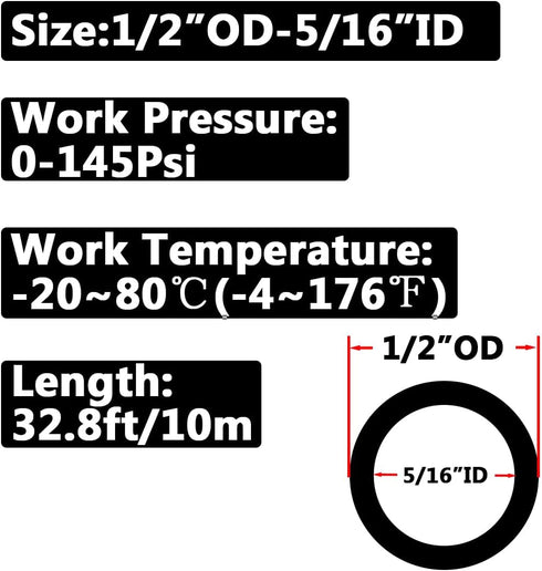 Pneumatic Air Hose 1/2” Tube OD Polyurethane Airline Tubing Pipe 32.8Ft for Air Line or Water Transfer (1/2 inch 10M Black)...