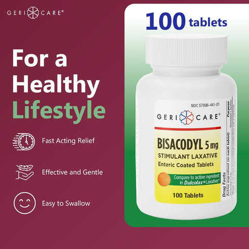 GeriCare Bisacodyl 5 mg Laxative Coated Tablet | Generic for Dulcolax | Stimulant Laxative | Gentle Overnight Constipation Relief 100 Count (Pack ...
