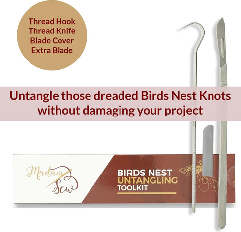 Madam Sew Birds Nest Untangling Tool Kit – Thread Hook and Stitch Releaser Set with Spare Blade Resolves Thread Bunching Under Fabric and Embroide...