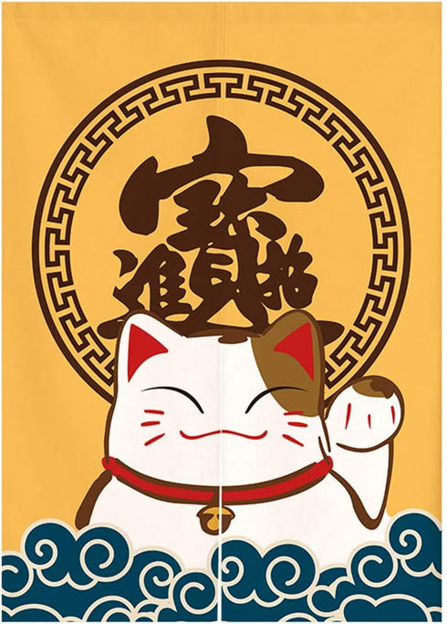Japanese Noren Doorway Curtain Tapestry Maneki Neko Lucky Cat Door Curtain Ukiyoe Wave Room Divider Home Decoration, 33 x 35 inches...