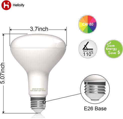 BR30 LED Flood Light Bulb, 9W, 65W Equivalent, 2700K Soft White Light, Energy Saving Lamp for Office/Home, Non-dimmable, E26 Screw Base, 6PCS...