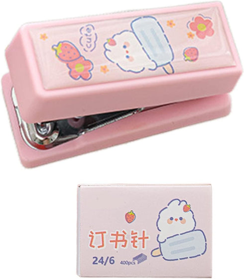 1 Set Pink Mini Stapler with No.12 Staples, Cute Rabbit Pattern Desktop Stapler, Staple Remover, Bookbinding Machine Desk Staplers for Paper Clips...