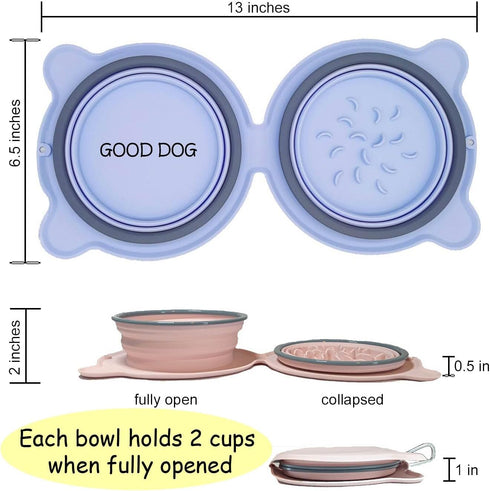 Good Dog Collapsible Double Dog Bowls, Durable Reinforced Rims, Travel Food and Water Bowls, Collapsible Slow Feeder Bowl, Attached No-Spill and A...