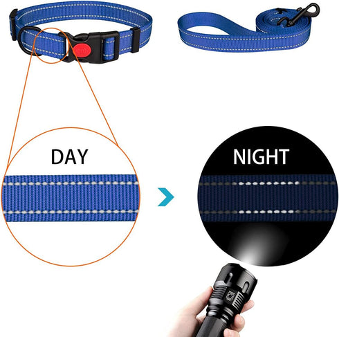 Reflective Dog Collar and Leash Set with Safety Locking Buckle Nylon Pet Collars Adjustable for Small Medium Large Dogs 3 Sizes(Navy Blue&M)...