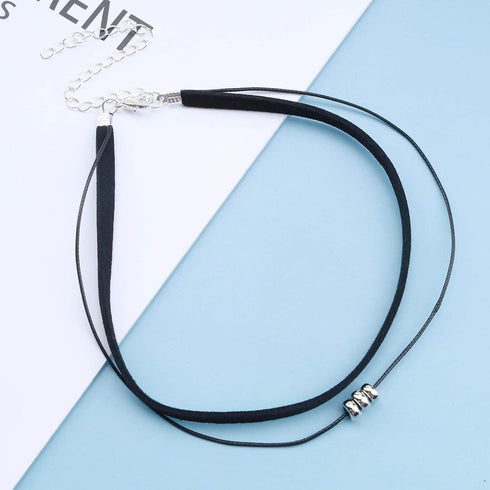 Boho Layered Suede Choker Necklace Short Black Velvet Choker Necklace Vintage Leather Necklace Silver Bead Collar Necklace Chain Jewelry for Women...