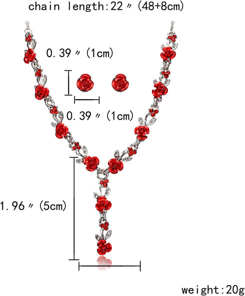 Fuqimanman2020 3pcs Red Rose Flower Pendant Y Necklace Dangle Earrings Bracelets Set for Women Bride Wedding Mother’s Day Gifts Aesthetic Jewelry...