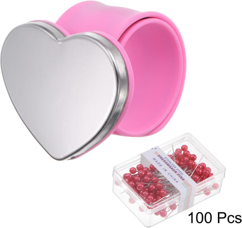HARFINGTON Magnetic Pin Holder Wristband Heart-Shaped Wrist Sewing Pincushion Silicone Strap Bracelet with 100 Plastic Head Pins for Sewing Quilti...