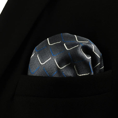 SHLAX&WING Geometric Mens Silk Pocket Square Dark Gray Blue for Suit Jacket Gift...
