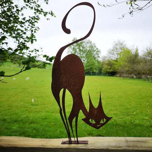 Metal Cat Fence Topper Decor, Rust Cat Iron Branch Art Craft Animal Metal Art Statue, Animal Metal Craft Cute Animal Statues for Outdoor Yard Gard...
