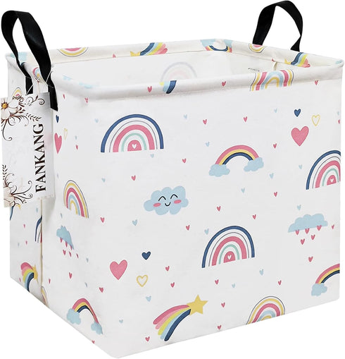 FANKANG Square Nursery Hamper Storage Bins Canvas Laundry Basket Foldable with Waterproof PE Coating Storage Baskets Gift Baskets for Children, Of...