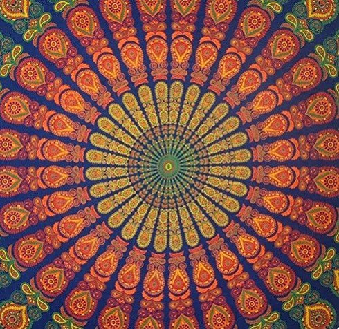 Handmade Sanganeer Peacock Mandala 72" Round 100% Cotton Tablecloth Gorgeous, Blue Gray...