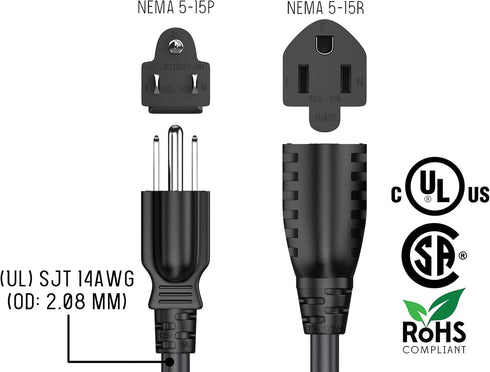 2 ft 14 AWG Outlet Saver Power Extension Cord NEMA 5-15P to NEMA 5-15R, Outlet Extension Cable...