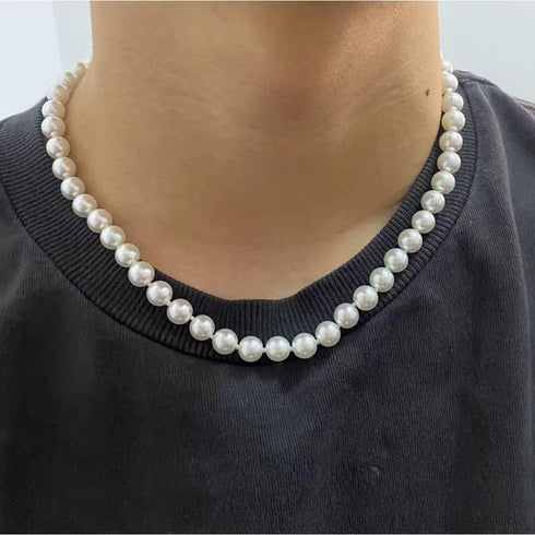 White 8mm Faux Hand Knotted Glass Imitation Pearls Necklace Earring Stainless steel Butterfly spiral buckle Jewelry 3 Set for Women and Men...