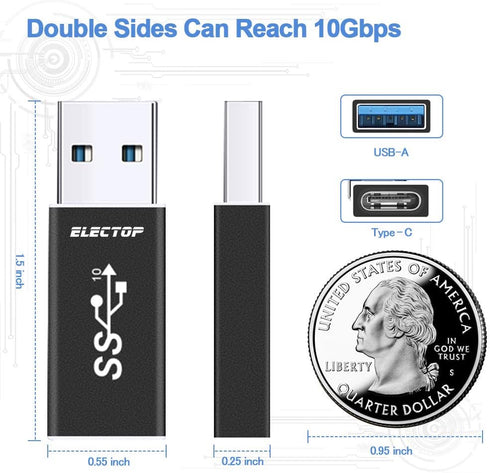 ELECTOP Double Sides 10Gbps, USB 3.1 GEN 2 Male to Type-C Female Adapter, Support Both 10Gbps Charging & Data Transfer, USB A to USB C 3.1 Convert...