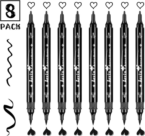 Arrtx 8 Pack Black Acrylic Paint Pens, Dual Tip Acrylic Paint Markers for Rock Painting, Graffiti, Paper, Wood, Ceramic, Fabric, Glass, Canvas, Pl...