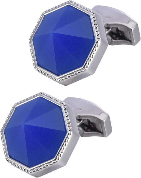 Octagon Blue Gemstone Men's Cufflinks In Gift Case Silver Tone Crystal Cufflinks for Men for Wedding Party Business Birthday Anniversary Dress...