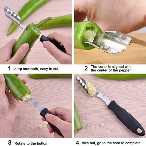 Jalapeno Corer Tool with Serrated Slice and Rubber Handle Easily Seed Remover or Slice off Vegetables tops for Efficient Cooking and Grilling...