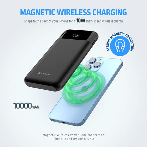 Amcrest USB C Power Bank, 10,000mAh Portable Charger USB C, Wireless Magnetic Power Bank Fast Charging 10W PD 3.0, Type C Battery Bank with LED Di...
