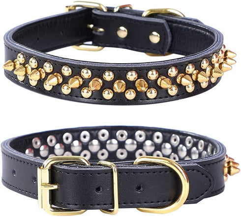 Adjustable Genuine Leather Spiked Studded Dog Collars for Small Medium Large Pets Like Pit Bull Bulldog Pugs Husky (S, Black2)...