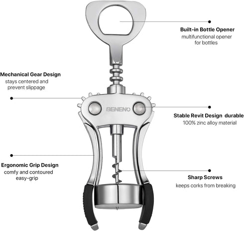 Beneno Wine Opener, Zinc Alloy Premium Wing Corkscrew with Multifunctional Bottles Opener, Sharp Wine Corkscrew with Ergonomic Non-Slip Wing Handl...