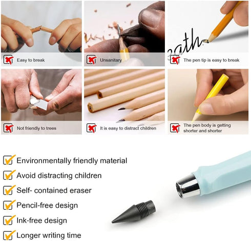 6 Sets Infinity Pencil Reusable Inkless Pencil No Sharpen Everlasting Pencil with Extra 6 Replaceable Nibs and 6 Cute Pencil Cups Infinite Pencil ...