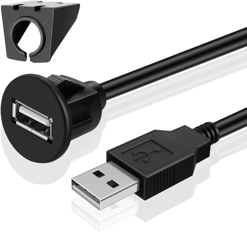 TNP USB Flush Mount Cable w/Buckle- Dashboard Panel Dash Mount 1 Port USB Socket Plug Jack Connector Extension Wire Cord Water Resistant Male to F...