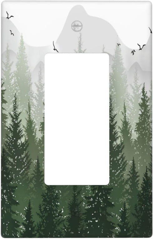 Rustic Green Forest 1 Gang Single Rocker Light Switch Cover Pine Tree Foggy Mountain Landscape Decorative Wall Plate Electrical Switchplate Recept...