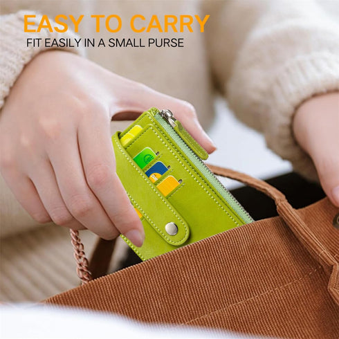 Credit Card Holder for Women RFID Small Wallet Women Slim - Multi Zipper Card Case with Keychain Oil Green...