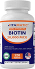 Vitamatic High Potency Biotin 20000 mcg (20mg) with Keratin 100mg - 120 Vegetarian Tablets - Biotin Supplements for Healthy Hair Skin & Nails for ...