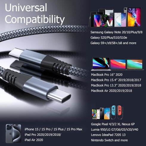 Puxnoin USB C to USB C Cable 6ft 60w, 3Pack USB C Cable, PD Type C Charging Cable Fast Charging Compatible with iPhone 15, MacBook Pro, iPad Pro, ...