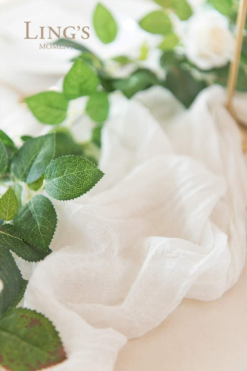 Ling's Moment 10Ft x 35" Wide Brilliant White Gauze Semi-Sheer Table Runner Cheesecloth Tablecloth for Wedding Party Bridal Shower Boho Table Deco...