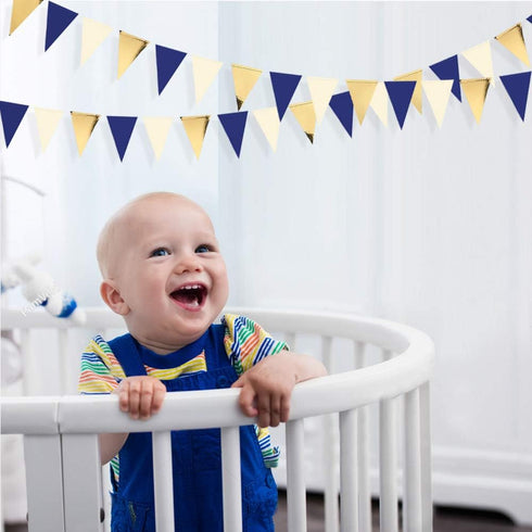 30Ft Navy Blue Gold and Beige Party Decorations Royal Blue Gold Triangle Flag Pennant Banner Bunting for Graduation Birthday Wedding Bridal Shower...
