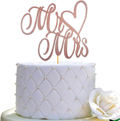Mr and Mrs Cake Topper, Bride and Groom Sign Wedding, Engagement Cake Toppers Decorations,Double-faced Rose Gold Glitter...