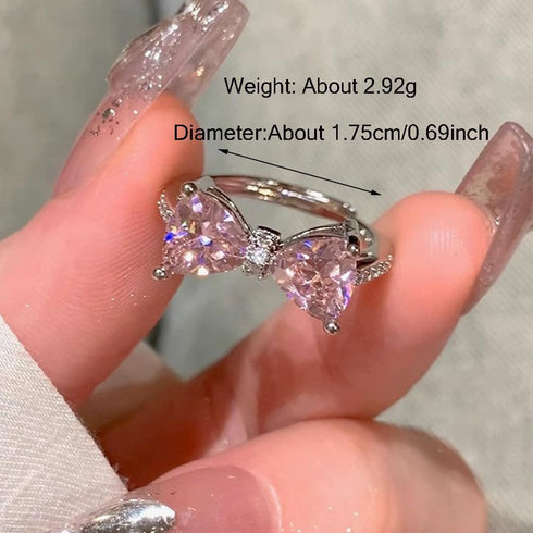 Pink Bow Rings for Women 925 Sterling Silver Cubic Zirconia Mother Daughter Ring Promise Rings for Her Dainty CZ Adjustable Stackable Rings Jewelr...