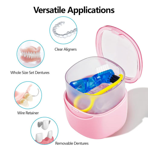 Partial Denture Case Leak Proof with Strainer Basket and Brush, Waterproof Denture Cup Retainer Cleaning Bath Case Travel for Dentures, Braces, Ni...