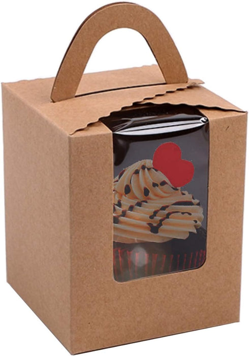 50 Pcs Kraft Paper Cupcakes Boxes,Portable Single Individual Cupcake Gift Boxes with Window Inserts Handle for Wedding Candy Boxes (Kraft)...